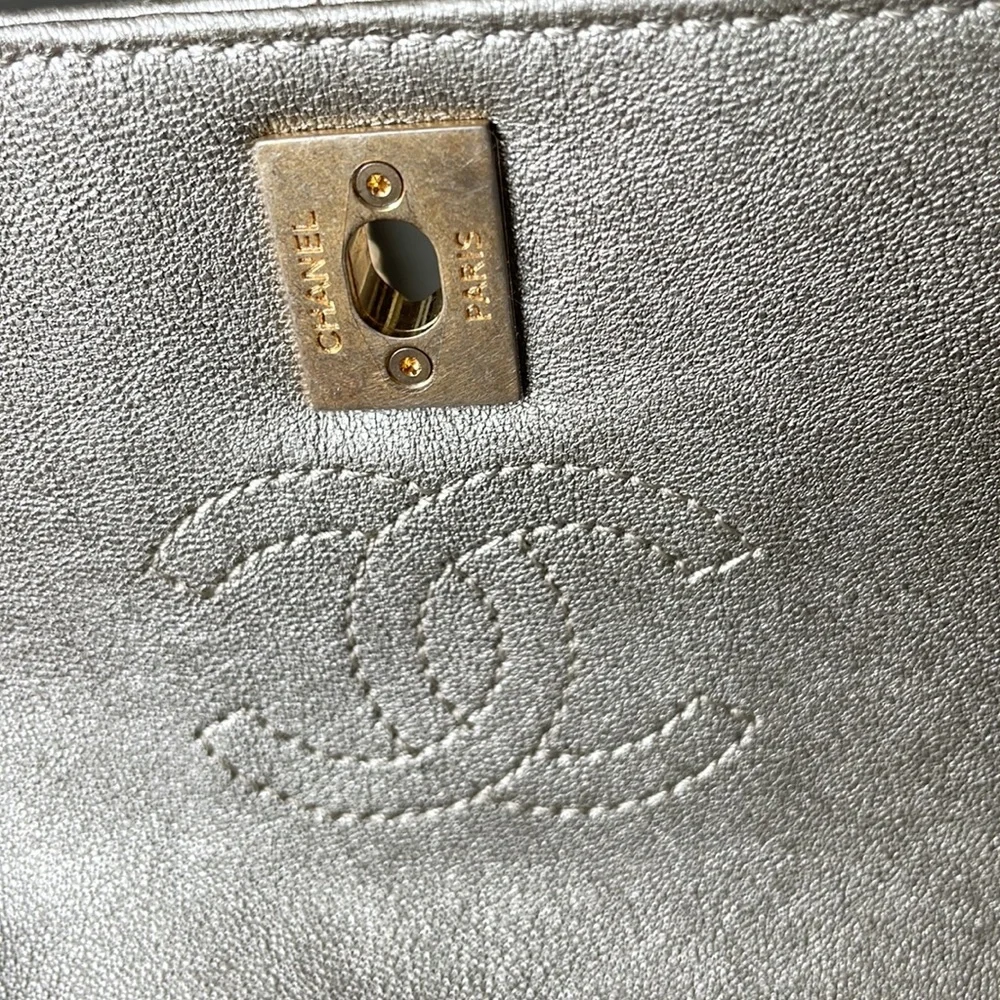 Chanel mini square quilted camellia two toned flap bag 17a bronze silver gold